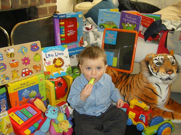 [Books, puzzles, skittles, bath-squirters, clothes, a fire engine, a piano, a kazoo, Bugs Bunny, the Hulk - even a tiger! Just how spoilt was he this Xmas?!?]